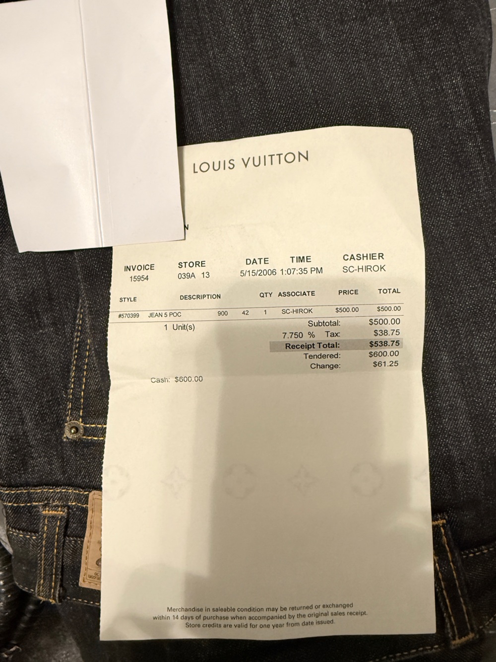 Louis Vuitton 5 Pocket Dark Blue Denim Jeans, size 10, 36”  inseam Vintage - Picture 14 of 14